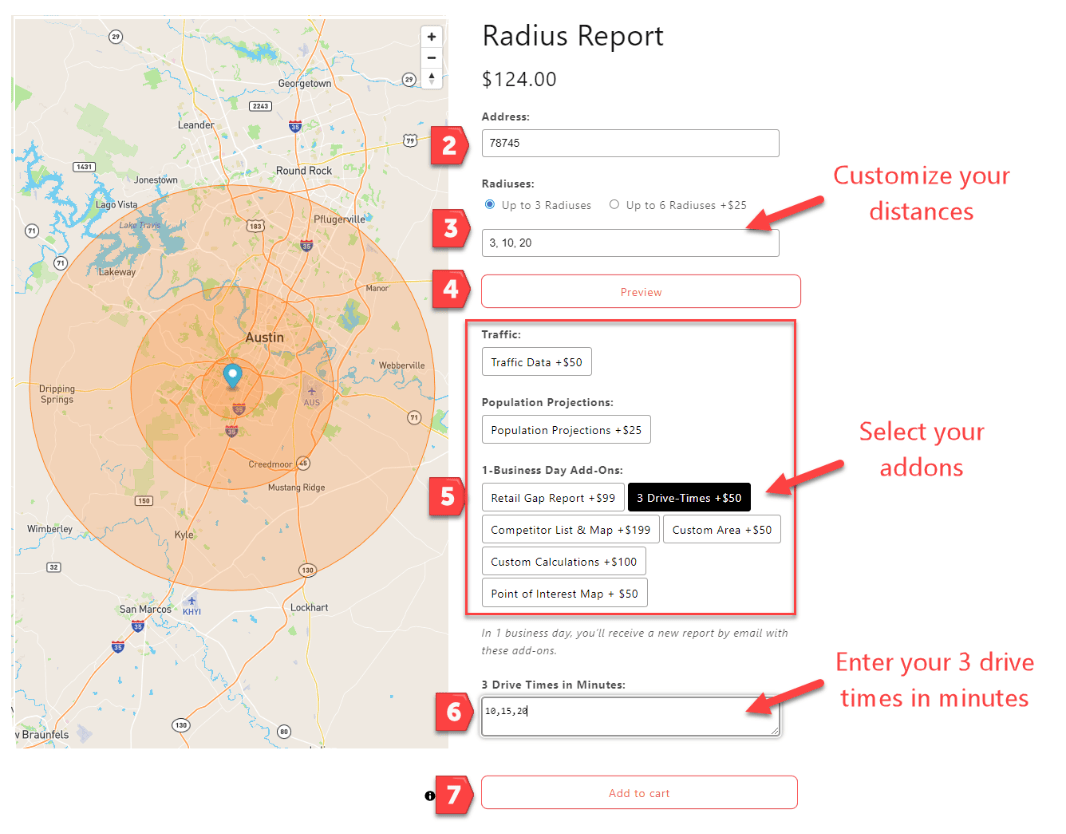 How to order a radius report or drive time report.